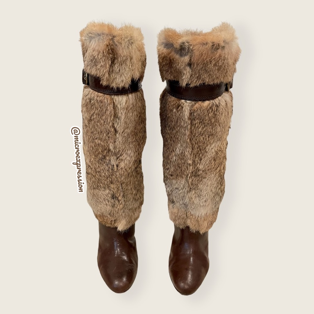 $699 RARE Frye Ava Rabbit Fur Vintage Luxury Brown Leather Stiletto Heel Boot - Picture 2 of 10